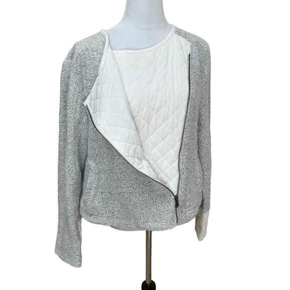 Moto Jacket Style Sweater Knit Pullover White Quilted Detail Casual - Picture 2 of 10